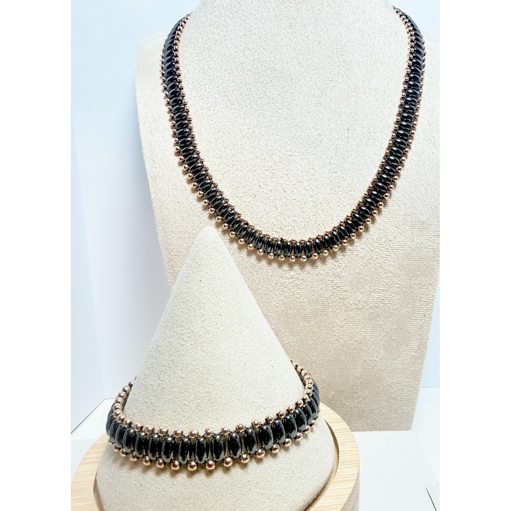 Vintage Blue Gray Gold Tone Flat Bead Necklace Bracelet Set 18 and 8 Inch